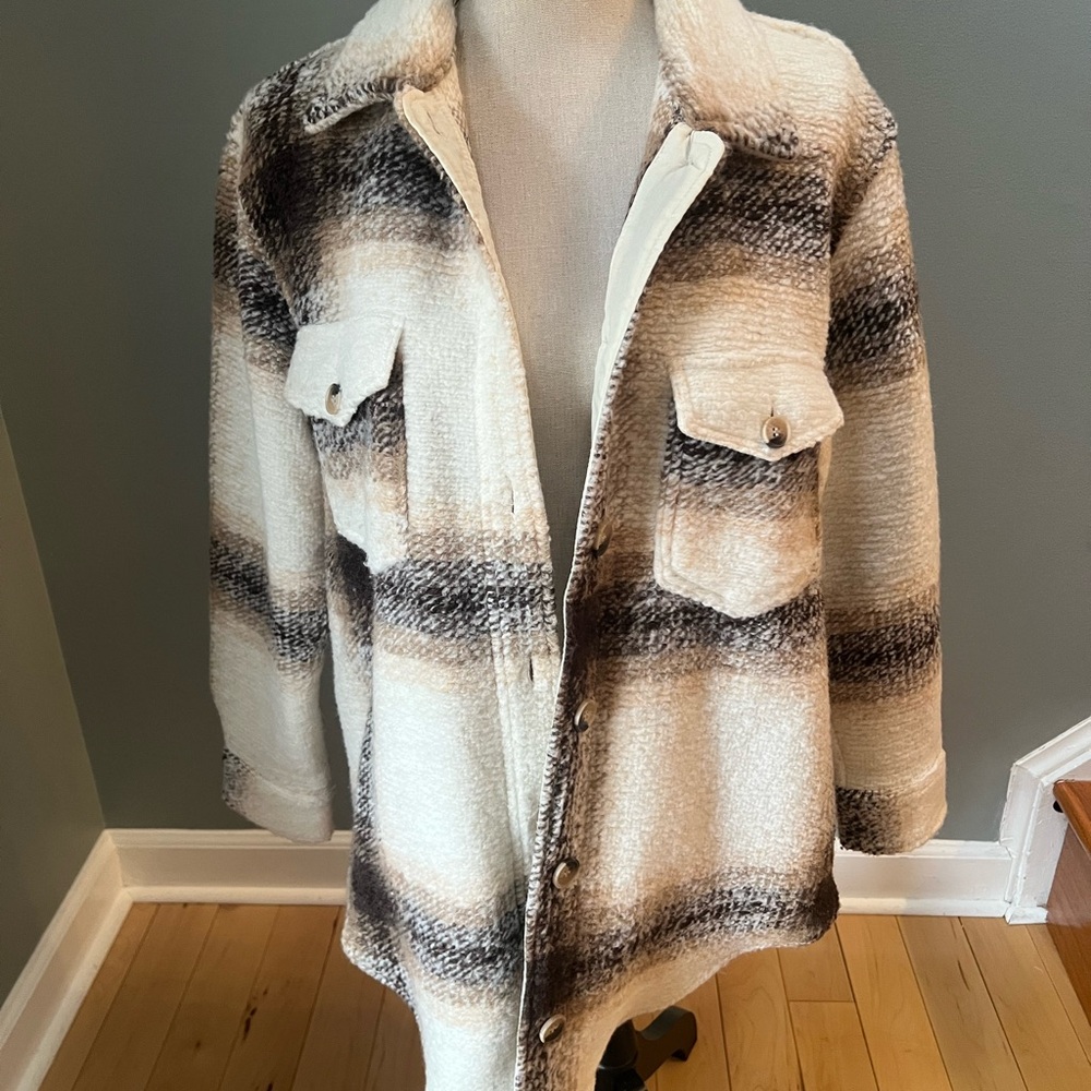 Nicole Miller Cream and Brown Plaid Teddy Shacket